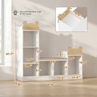 AIYAPLAY Bibliotecă pentru copii, mobilier depozitare 3 în 1 cu bancă, 6 compartimente, 2 rafturi, pernă de șezut, Alb(m-3)
