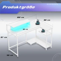 L-förmiger Eckschreibtisch mit RGB-LED, offene Ablagefächer, ergonomischer Monitoraufsatz, 122x80x87.5 cm, Weiß(m-7)