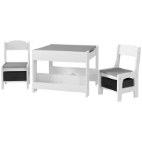 HOMCOM Juego de Mesa con Sillas para Niños 3 en 1 con Pizarra Cajones de Tela y Espacio de Almacenamiento Blanco y Gris(m-11)