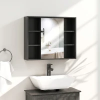 HOMCOM Meuble salle de bain avec miroir, placard à portes et 6 compartiments ouverts, 60 x 14,5 x 49,4 cm, noir(m-2)
