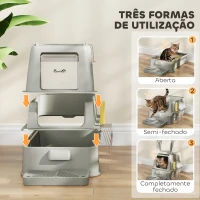 PawHut Caixa de Areia para Gatos de Aço Inoxidável XL com Tampa Articulada 180° Laterais Altas Pedal Pá 63x43x43 cm Cinza Claro(m-7)