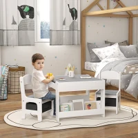 HOMCOM Juego de Mesa con Sillas para Niños 3 en 1 con Pizarra Cajones de Tela y Espacio de Almacenamiento Blanco y Gris(m-2)