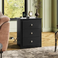Nachttisch mit 3 Schubladen, integrierte Ladestation, modernes rustikales Design, 46.5x39.6x58.7 cm, Schwarz(m-2)