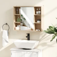 HOMCOM Meuble salle de bain avec miroir, placard à portes et 6 compartiments ouverts, 60 x 14,5 x 49,4 cm, bois naturel(m-7)