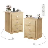 Nachttisch mit 3 Schubladen, integrierte Ladestation, modernes rustikales Design, 46.5x39.6x58.7 cm, Hell-Eiche