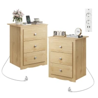 Nachttisch mit 3 Schubladen, integrierte Ladestation, modernes rustikales Design, 46.5x39.6x58.7 cm, Hell-Eiche(m-1)