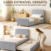 HOMCOM Cama Nido Individual 90x190 cm Estofada em Tecido Efeito Linho com Cabeceira e Estrado Metálico Cinzento Claro(m-4)