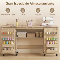HOMCOM Mesa de Costura Plegable con 6 Ruedas 20 Clavijas para Hilos 4 Compartimentos Estante Roble(m-4)