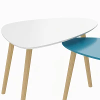 HOMCOM Lot de 2 tables basses gigognes design scandinave pieds en bois et plateau en bois, blanc et bleu(m-9)