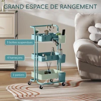 HOMCOM Chariot à 3 niveaux desserte avec 4 crochets et 3 boîtes suspendues amovibles pour 42 x 38 x 86,5 cm bleu-vert(m-4)