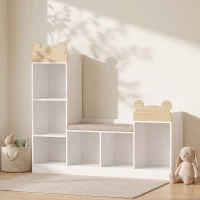 AIYAPLAY Bibliotecă pentru copii, mobilier depozitare 3 în 1 cu bancă, 6 compartimente, 2 rafturi, pernă de șezut, Alb(m-2)