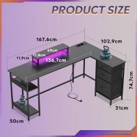 L-förmiger Eckschreibtisch, app‑steuerbare LED und integrierte Stromstation, 167.5x50x87.5 cm, Schwarz(m-7)