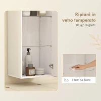 HOMCOM Mobiletto Bagno Pensile con 2 Ripiani in Vetro Regolabili e Anta Senza Maniglia, Bianco Lucido(m-6)