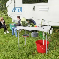 Outsunny Folding Fish Cleaning Table with Sinks, Portable Camping Sink Table with Faucet, Drainage Hose(m-14)
