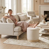 HOMCOM Tabouret rond 38 cm avec revêtement Sherpa, rangement et pied métallique effet bois, blanc crème(m-6)