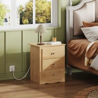 Nachttisch mit 3 Schubladen, integrierte Ladestation, modernes rustikales Design, 46.5x39.6x58.7 cm, Hell-Eiche(m-3)