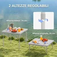 Outsunny Tavolo da Campeggio Pieghevole e Regolabile su 2 Altezze, in HDPE e Metallo, 86x86x74 cm, Grigio Scuro(m-6)