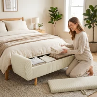 HOMCOM Banco de Arrumação 150 cm Estofado em Veludo Banco de Fundo de Cama com Braços Arredondados e Pés de Madeira Bege(m-8)