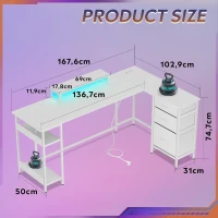 L-förmiger Eckschreibtisch, app‑steuerbare LED und integrierte Stromstation, 167.5x50x87.5 cm, Weiß(m-7)