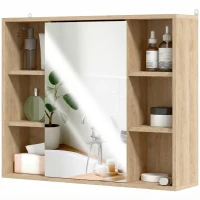 HOMCOM Meuble salle de bain avec miroir, placard à portes et 6 compartiments ouverts, 60 x 14,5 x 49,4 cm, bois naturel(m-12)