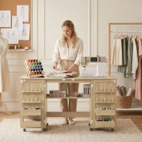 HOMCOM Mesa de Costura Plegable con 6 Ruedas 20 Clavijas para Hilos 4 Compartimentos Estante Roble(m-9)