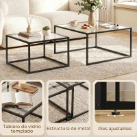 HOMCOM 2 Mesas de Centro Cuadradas Mesas Nido Modernas con Tablero de Vidrio Templado y Estructura Metálica 75x75x42 cm Negro(m-6)
