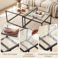 HOMCOM 2 Mesas de Centro Cuadradas Mesas Nido Modernas con Tablero de Vidrio Templado y Estructura Metálica 75x75x42 cm Negro(m-7)