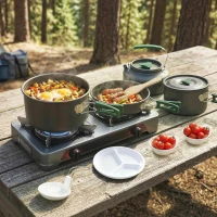 Outsunny Camping Cookware Set for 4-5 People, Lightweight Aluminium Camping Cooking Kit with Anti-Scald Handles, Grey(m-2)