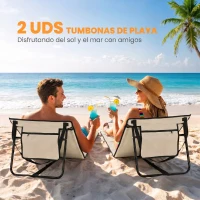 Outsunny Conjunto de 2 Esterillas de Playa con Respaldo Reclinable y Correa de Transporte para Jardín Camping 142x51x40 cm Beige(m-4)