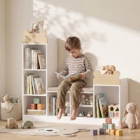 AIYAPLAY Bibliotecă pentru copii, mobilier depozitare 3 în 1 cu bancă, 6 compartimente, 2 rafturi, pernă de șezut, Alb(m-7)