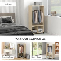HOMCOM Open Wardrobe on Wheels, Bedroom Wardrobe with Clothes Hanging Rail, 2 Storage Shelves, Mobile Garment Rack for Cloakroom, Hallway, Natural(m-6)