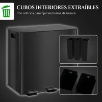 HOMCOM Papelera Cocina de Acero Inoxidable con 3 Compartimentos 3x15L con Pedales Tapas de Cierre Suave y Cubo Extraíble Negro(m-7)