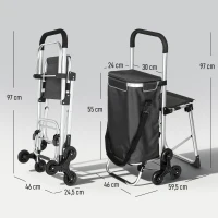 HOMCOM Carrinho de Compras, bolsa Oxford 40 L, design de 3 rodas, estrutura em alumínio, assento, cinza escuro(m-3)