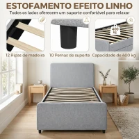 HOMCOM Cama Nido Individual 90x190 cm Estofada em Tecido Efeito Linho com Cabeceira e Estrado Metálico Cinzento Claro(m-6)