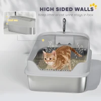 PawHut Lettiera per Gatti XXL in Acciaio Inox con Paletta, Lati Alti, Antiperdita, Antiodore, Fino a 12 kg, Grigio(m-6)