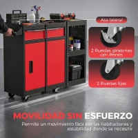 HOMCOM Carro de Herramientas con Ruedas 3 en 1 con 5 Cajones y Armario Inferior Paneles Perforados y Cerradura Negro y Rojo(m-8)