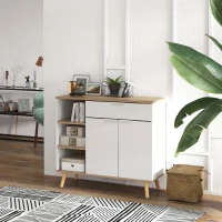 HOMCOM Aparador de Cocina con 1 Cajón 2 Puertas de Cierre Suave y Estantes Ajustables para Comedor 95x35x85 cm Blanco y Natural(m-10)