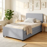 HOMCOM Cama Nido Individual 90x190 cm Estofada em Tecido Efeito Linho com Cabeceira e Estrado Metálico Cinzento Claro(m-8)