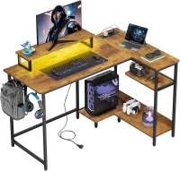 L-förmiger Eckschreibtisch mit RGB-LED, offene Ablagefächer, ergonomischer Monitoraufsatz, 122x80x87.5 cm, Braun(m-1)