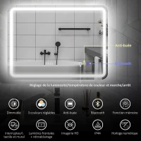 HOMCOM Miroir salle de bain Bluetooth avec éclairage LED 60 x 80 cm, miroir lumineux mural avec horloge, antibuée, argenté(m-4)