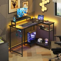 L-förmiger Gaming-Schreibtisch, ergonomischer Monitorhalter, doppelte offene Regale, 122x80x87.5 cm, Schwarz(m-2)