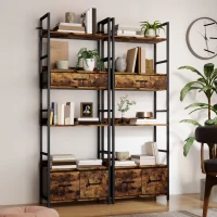 HOMCOM Industrial Style Bookcase, with 4 Shelves and 3 Fabric Drawers - Brown/Black(m-9)