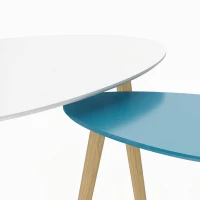 HOMCOM Lot de 2 tables basses gigognes design scandinave pieds en bois et plateau en bois, blanc et bleu(m-10)