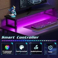 L-förmiger Gaming-Schreibtisch, App-steuerbare RGB-LED, doppelte offene Regale, 111x80x87 cm, Schwarz(m-6)