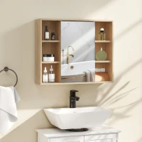 HOMCOM Meuble salle de bain avec miroir, placard à portes et 6 compartiments ouverts, 60 x 14,5 x 49,4 cm, bois naturel(m-9)