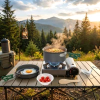 Outsunny Camping Cookware Set, 8-Piece Ultralight Camping Cooking Kit with Anti-Scald Handles, Grey(m-10)