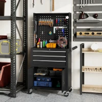 HOMCOM Carro de Herramientas con 3 Cajones Tabla de Pegboard Cerradura por Llave Estante Ajustable 2 Ruedas con Freno Negro(m-10)