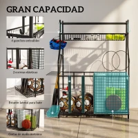 SPORTNOW Organizador de Equipos Deportivos con Cesta Ganchos Extraibles y Bandas Elásticas para Balones de Baloncesto y Fútbol(m-4)
