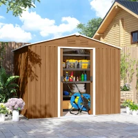 Outsunny Casetta da Giardino in Lamiera di Acciaio con Porte Scorrevoli, 236x174x190cm, Marrone(m-8)