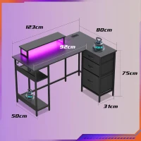 L-förmiger Eckschreibtisch mit integrierter LED-Beleuchtung, 3 Stoffschubladen, 2 offene Ablagen, 123x80x75 cm, Schwarz(m-7)
